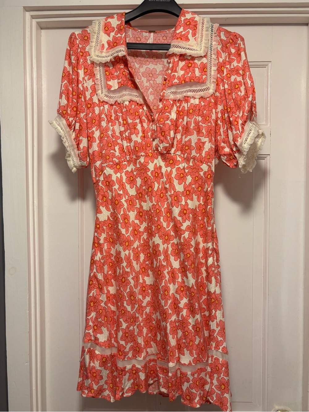 Free People Coral Floral Mini Dress with Cream Lace Collar